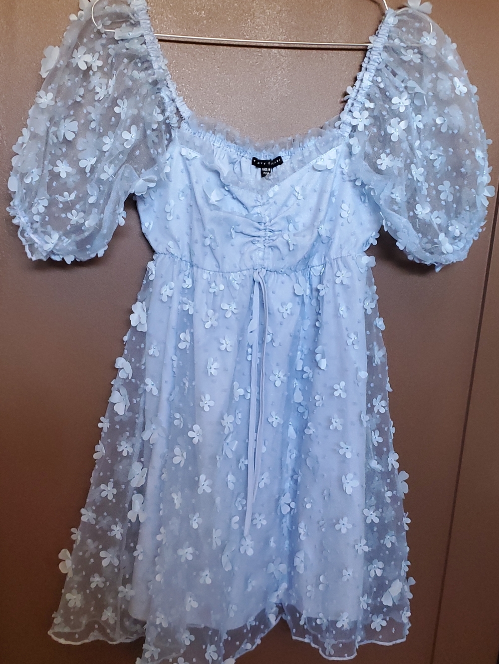 Thirty Thirty Light Blue 3D Floral Puff-Sleeve Dress
